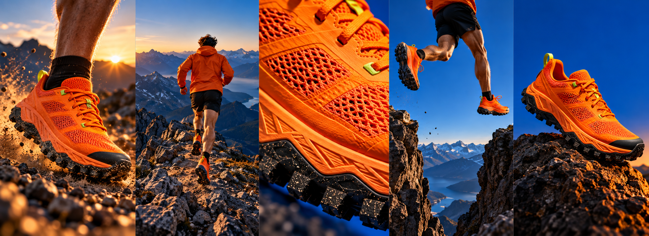 Five distinct camera views of the same orange trail shoe campaign
